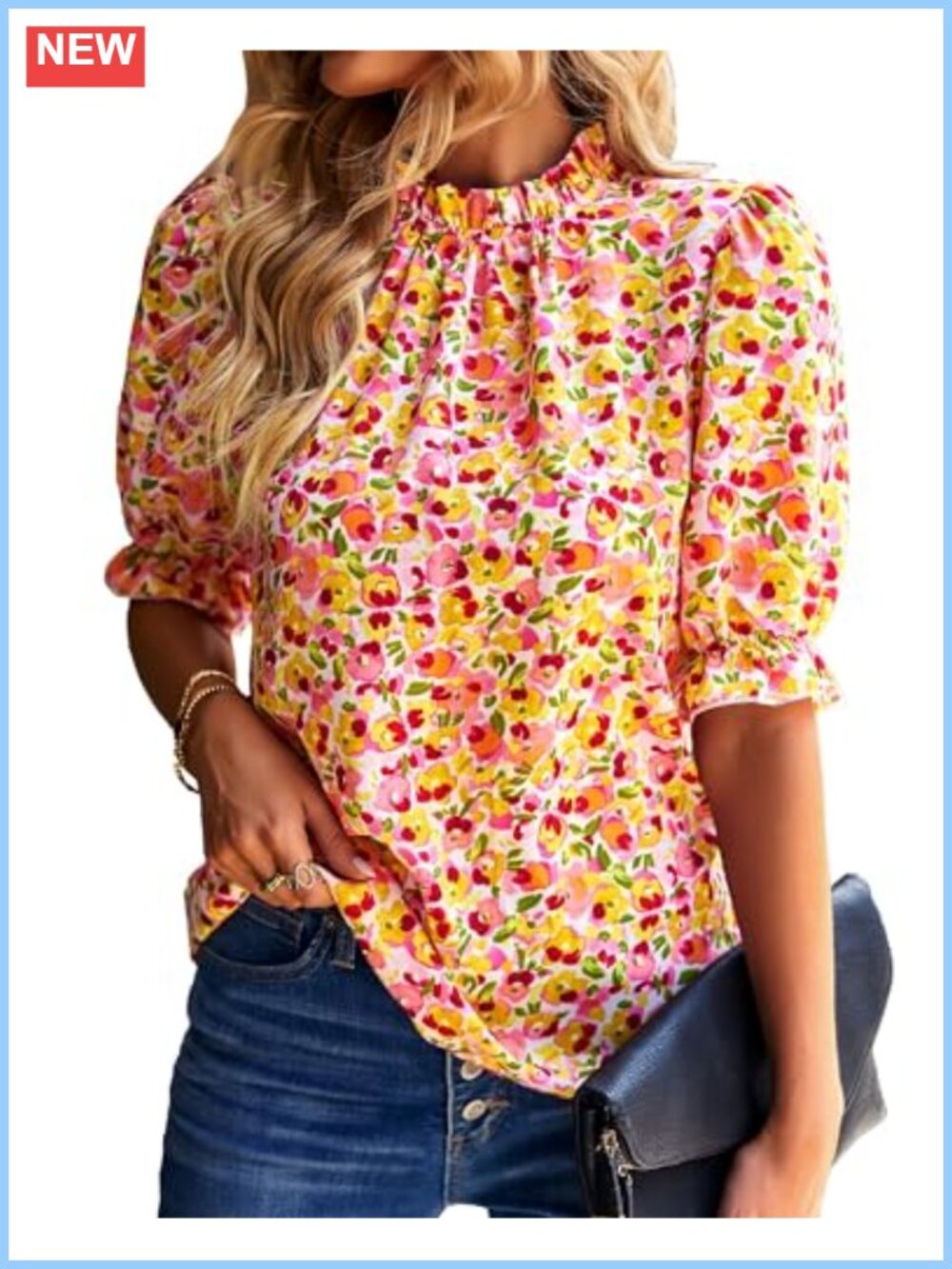 Womens Blouse High Neck Boho Floral Top Puff Sleeve Dressy Casual Work